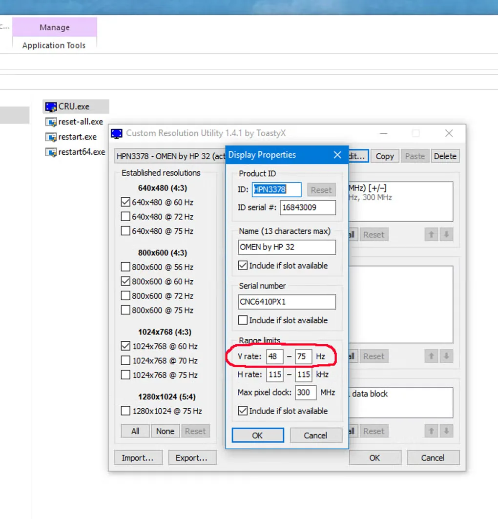 CRU 1.4.1 on Windows with the Display Properties dialog open and vertical refresh-rate range circled