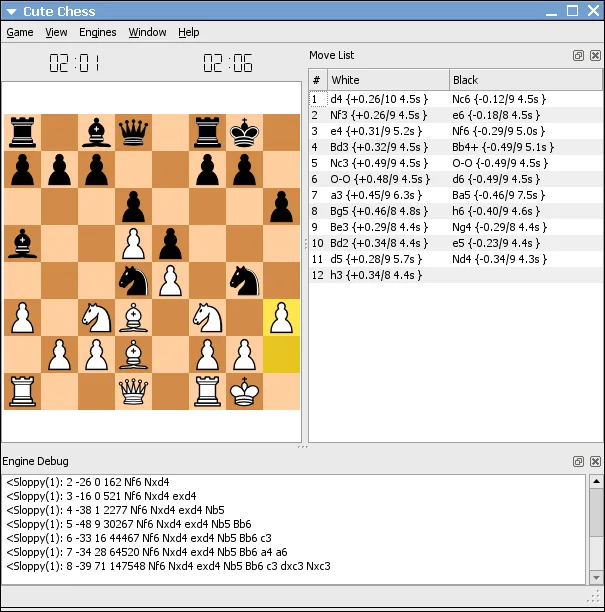 Historical Cute Chess GUI on GNU/Linux showing a chessboard, move list, clocks and engine debug pane; not a Windows 1.5.1 capture.