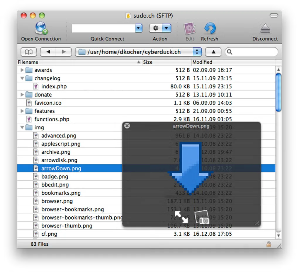 Older Cyberduck Mac interface showing an SFTP directory listing and a Quick Look preview of an arrow image