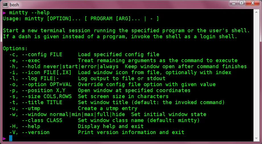 Mintty, the terminal used by Cygwin Terminal, showing command-line help in a Windows window
