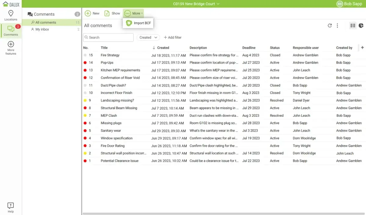 Dalux BIM Viewer comment overview showing model-review issues, deadlines, statuses and responsible users.