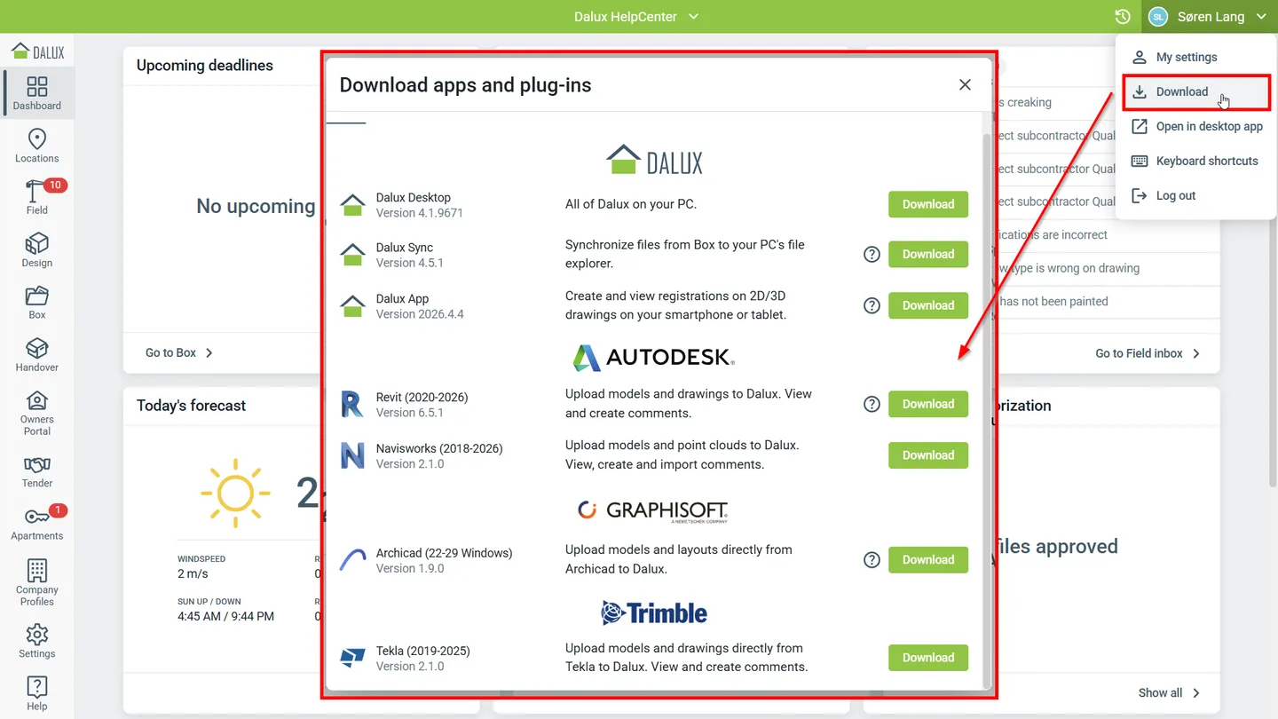Dalux dashboard with the publisher’s Download apps and plug-ins dialog showing Dalux Desktop and BIM authoring-tool plugins.
