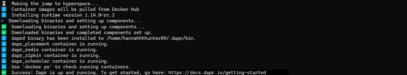 Publisher's Dapr init terminal example showing component setup and running containers; older Linux runtime capture, not Windows