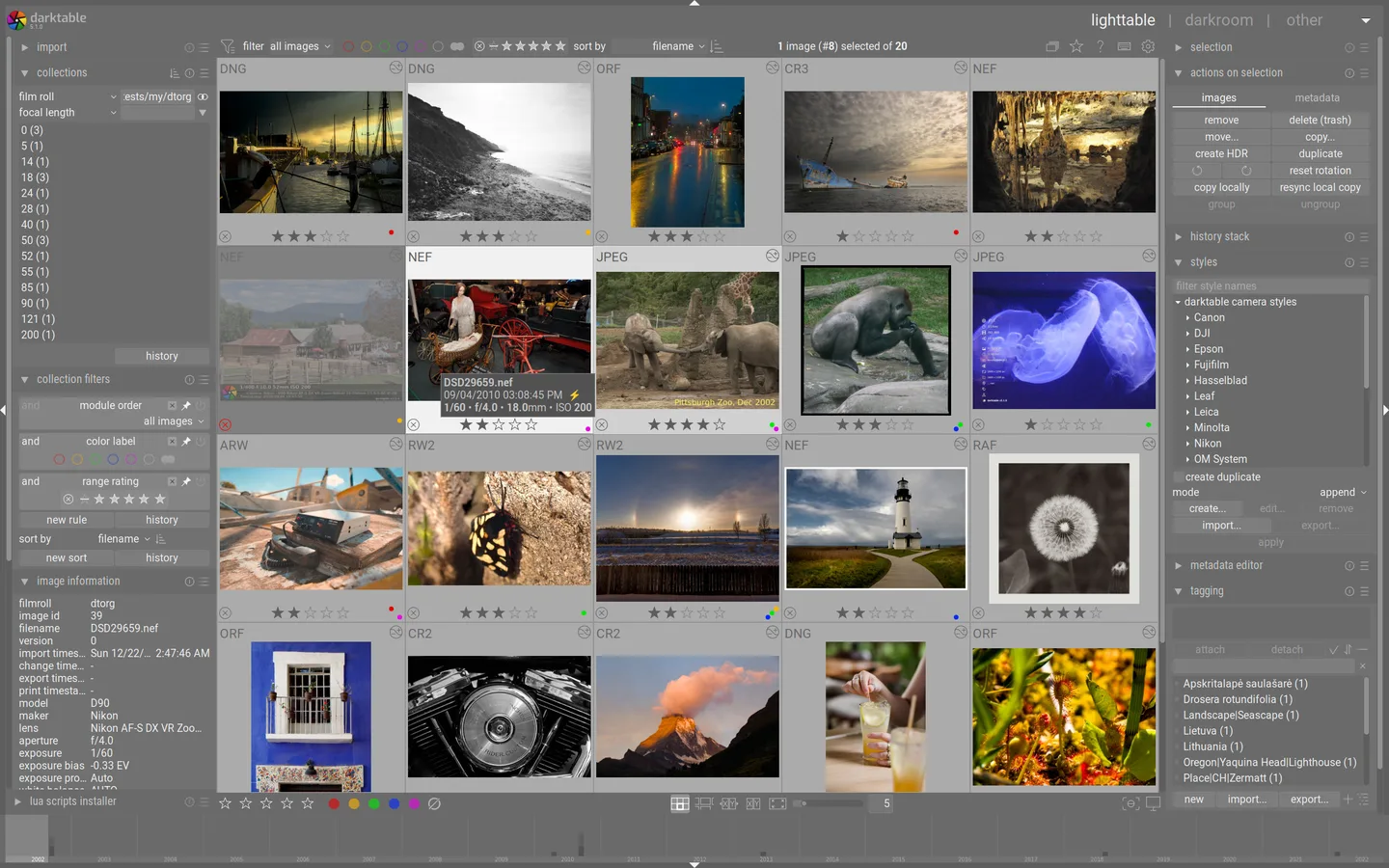 Publisher reference screenshot of darktable lighttable with photo thumbnails, collection filters, image information and styles panels.