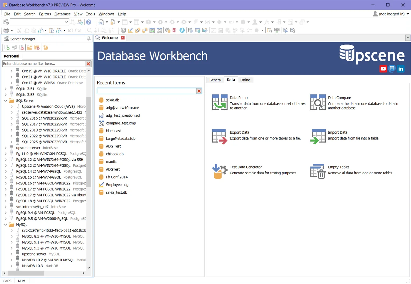 Database Workbench v7.0 PREVIEW Pro welcome screen with Server Manager, recent items and data-operation shortcuts.