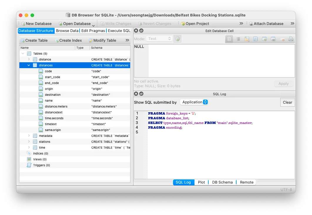 DB Browser for SQLite publisher screenshot on macOS, showing table structure, the cell editor and SQL Log