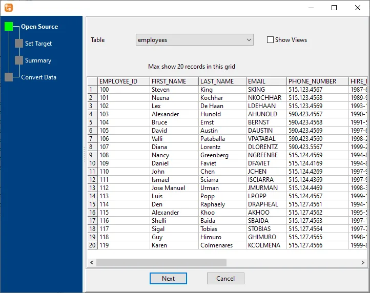 DBCopier Windows wizard showing the employees source table and a preview of its rows before choosing a target.