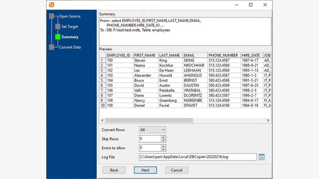 DBCopier Summary step showing a query, target employees table, row preview and conversion options before copying data.