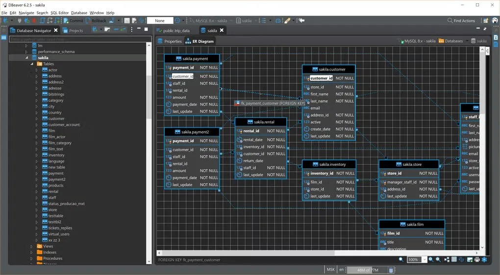DBeaver 6.2.5 on Windows showing the Sakila database navigator and an entity relationship diagram (historical screenshot).
