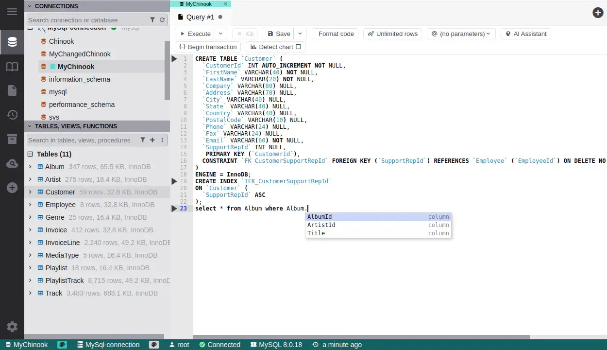 DbGate query editor with the MyChinook database tree, SQL statements and column-completion suggestions.