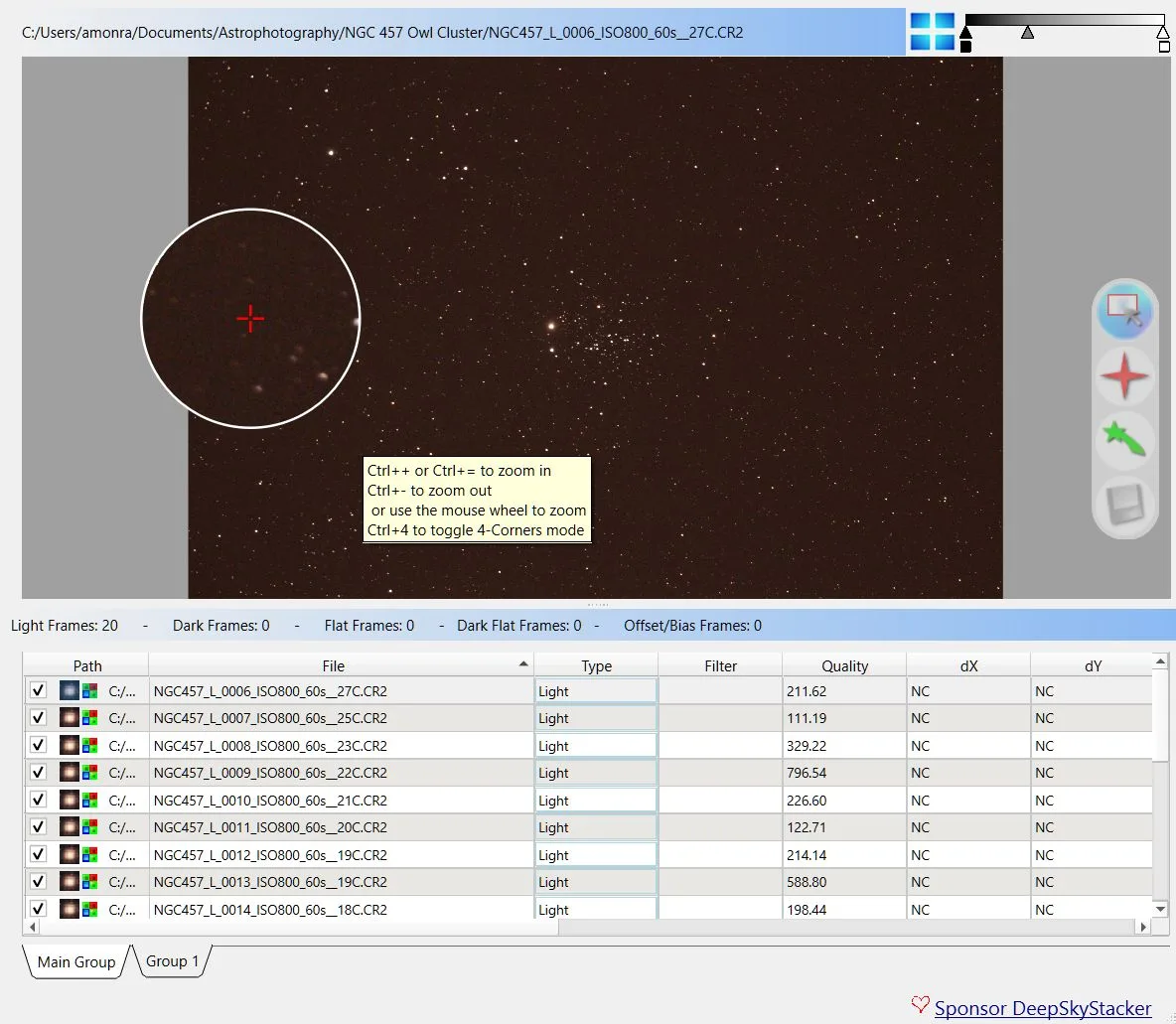 DeepSkyStacker Windows documentation screenshot showing a star-field preview, zoom tooltip and light-frame list.