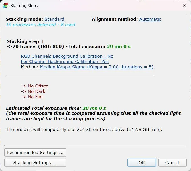 DeepSkyStacker Windows Stacking Steps dialog showing alignment, calibration choices and estimated temporary disk use.