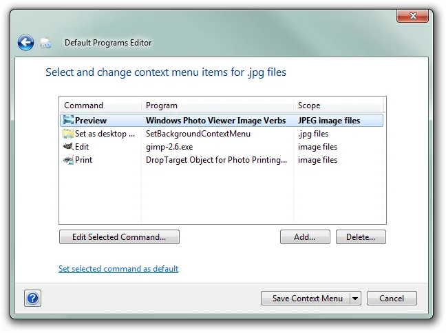 Default Programs Editor showing context-menu commands for .jpg files, including Preview, Edit and Print, with add, delete and save controls.