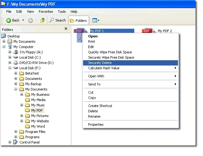 DeleteOnClick Securely Delete command highlighted in the right-click menu for a PDF file in an older Windows Explorer interface