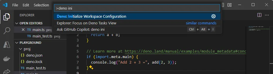 Deno workspace initialization command in the VS Code Command Palette on Windows; publisher editor-integration screenshot.