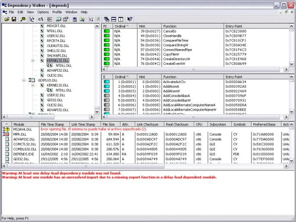 Dependency Walker displaying a DLL dependency tree, import and export tables, module details and delay-load warnings.
