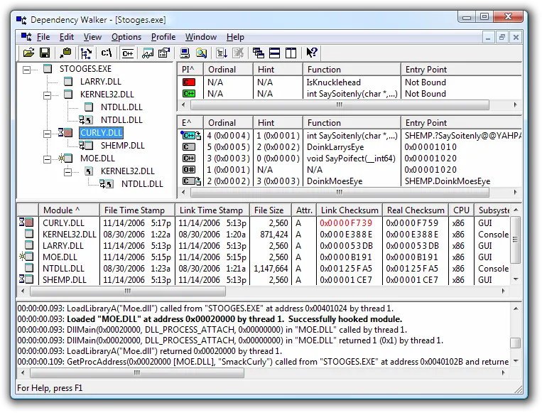 Dependency Walker showing the Stooges.exe module tree, function lists, module details and profiling log.