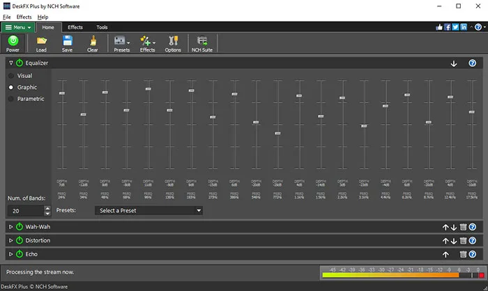 Publisher screenshot of DeskFX Plus on Windows with a 20-band graphic equalizer, effect rows and output meter