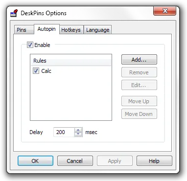 DeskPins Options dialog on the Autopin tab with an enabled Calc rule and a 200 millisecond delay
