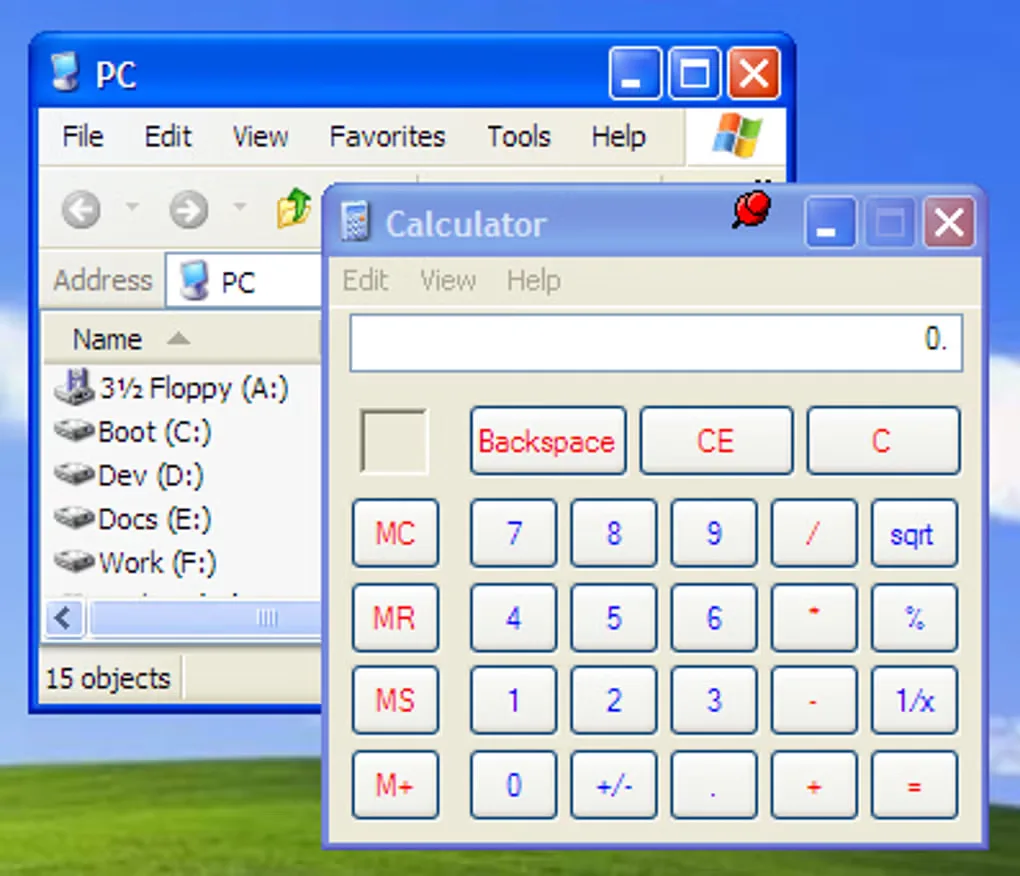 Historical DeskPins screenshot with a red pin on Calculator above a Windows Explorer window