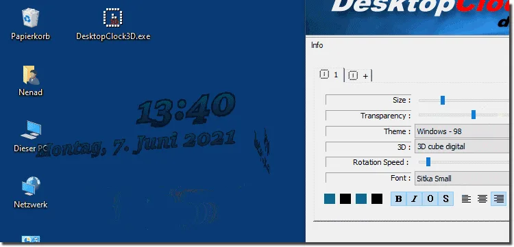 DesktopClock3D clock and date on a Windows desktop beside settings for size, transparency, theme, 3D style and rotation speed.