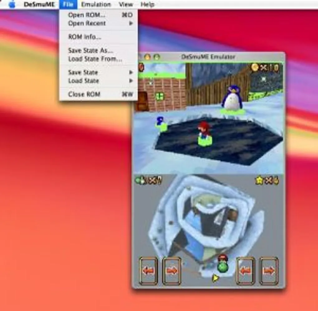 Historical DeSmuME Mac interface with the File menu open and two Nintendo DS gameplay screens.