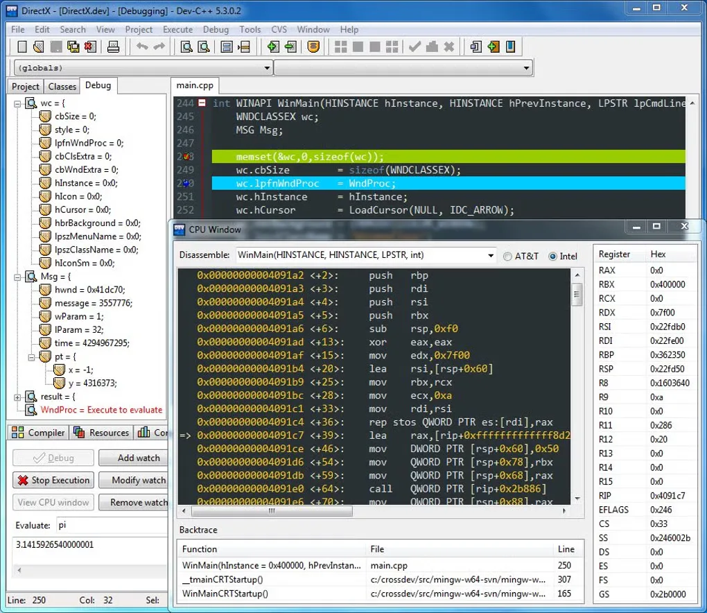 Historical Dev-C++ 5.3.0.2 debugging screenshot from Softonic showing C++ source, variable watches and the CPU disassembly window, not version 6.3.