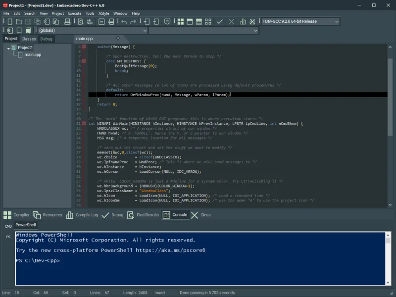Publisher screenshot of Embarcadero Dev-C++ 6.0 with a C++ editor, project tree and PowerShell console; earlier than the linked 6.3 release.