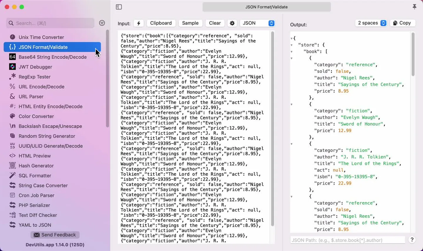 DevUtils 1.14.0 for Mac: JSON Format/Validate with a tool sidebar, compact JSON input and formatted output.
