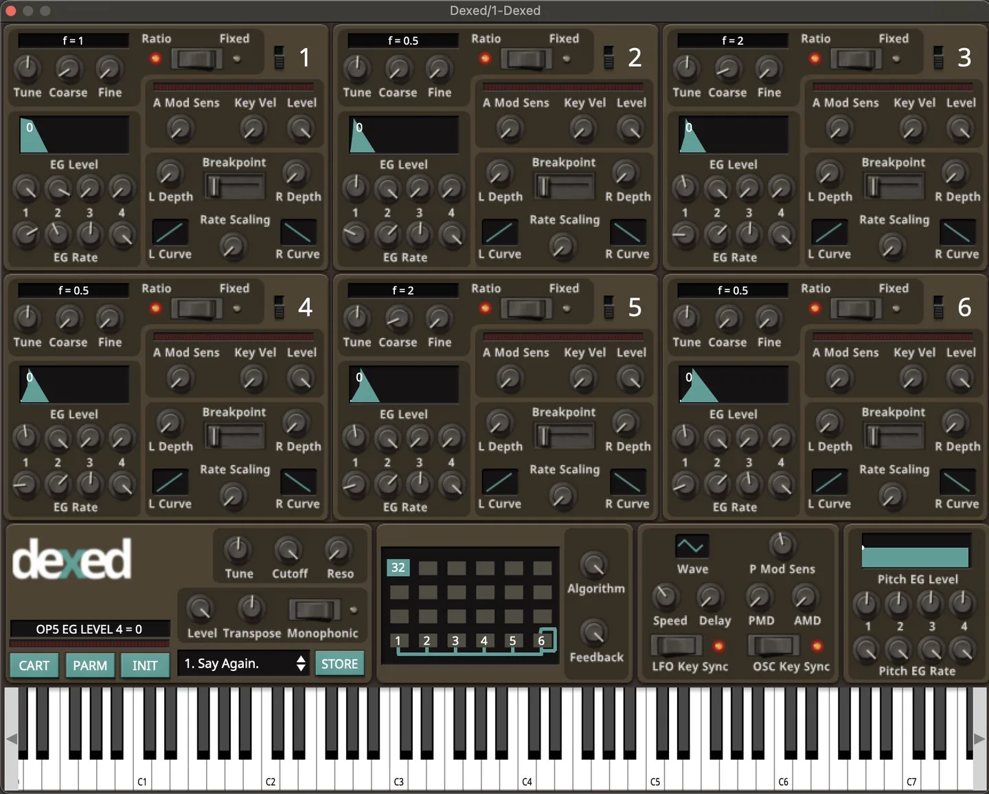 Dexed on macOS showing six FM operator panels, algorithm routing, cartridge controls and an on-screen keyboard.