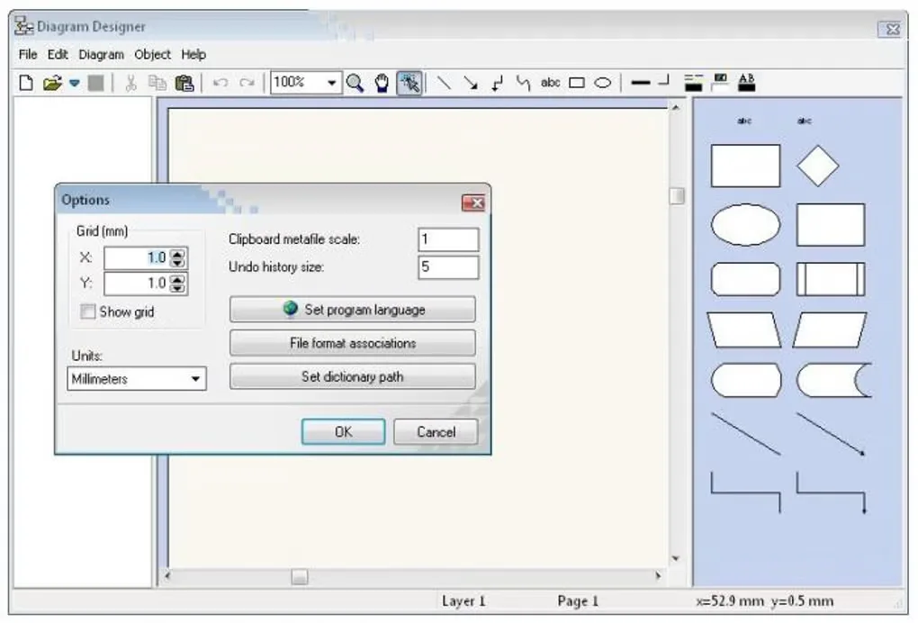 Diagram Designer on Windows with an Options dialog, empty drawing canvas and flowchart shape palette