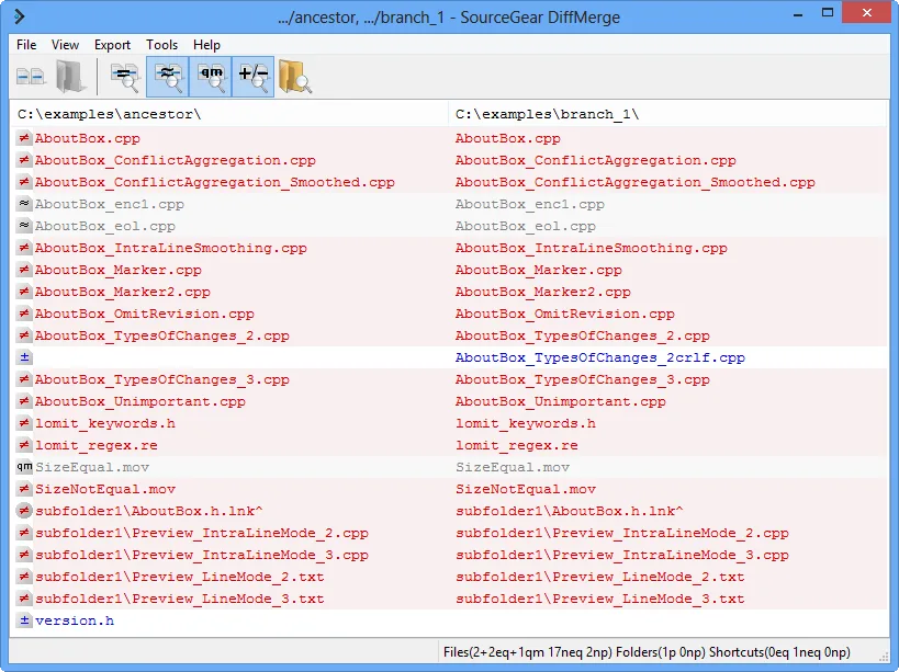 DiffMerge on Windows comparing ancestor and branch_1 folders side by side, with changed, matching and one-sided file entries