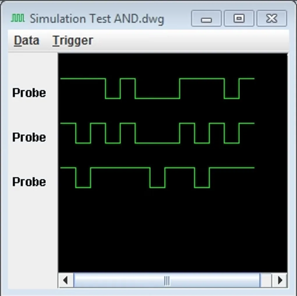 Digital Logic Design oscilloscope window showing three green probe traces for Simulation Test AND.dwg