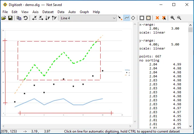 DigitizeIt on Windows showing a graph with a traced green curve, a selected region and a numerical coordinate table.
