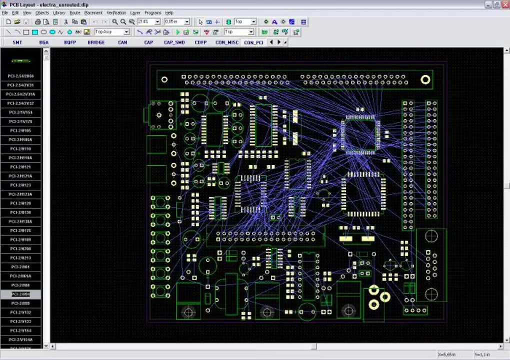 DipTrace PCB Layout showing component footprints and unrouted connection lines on a board, with toolbars and a parts list.