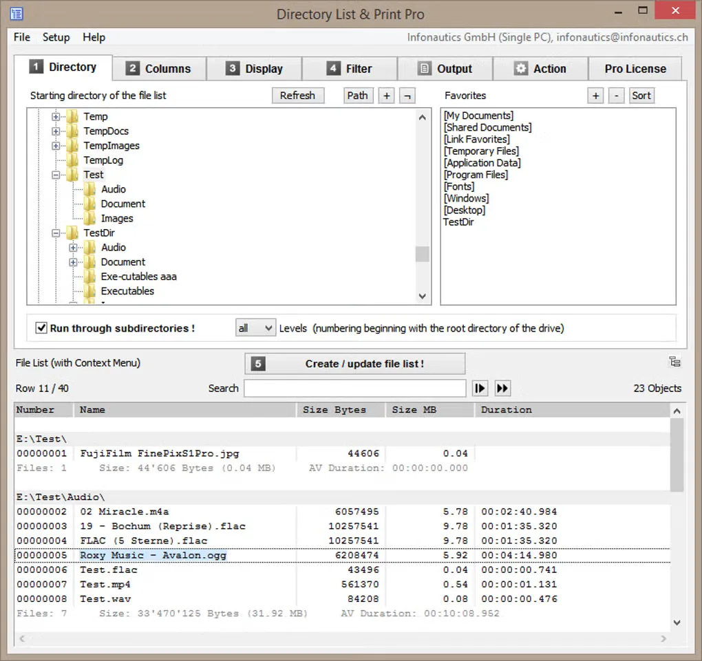 Directory List & Print Pro showing a folder tree, directory options and a file list with size and duration columns