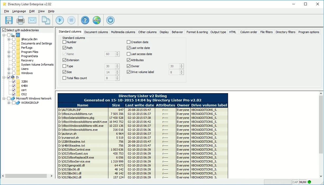 Directory Lister Enterprise v2.02 showing a folder tree, standard file-property columns and a generated listing preview