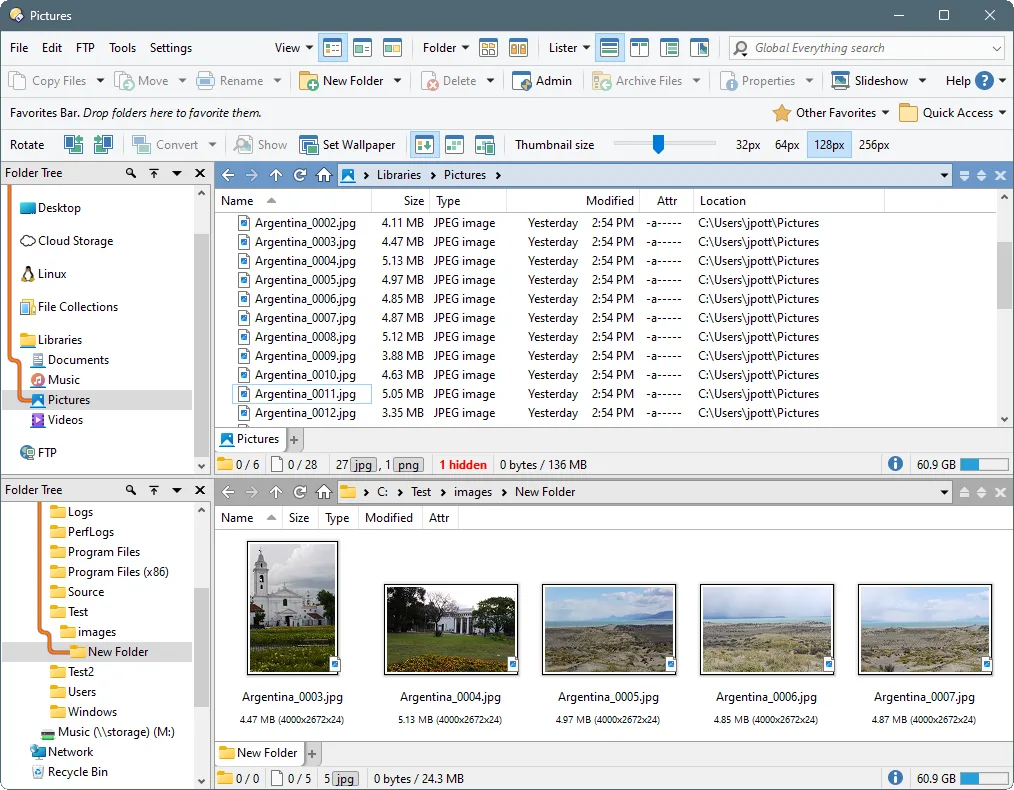 Directory Opus publisher screenshot with two stacked file panes, folder trees, a detailed file list and photo thumbnails