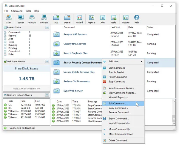 DiskBoss Client showing saved Server commands, process status, disk space and an open command context menu