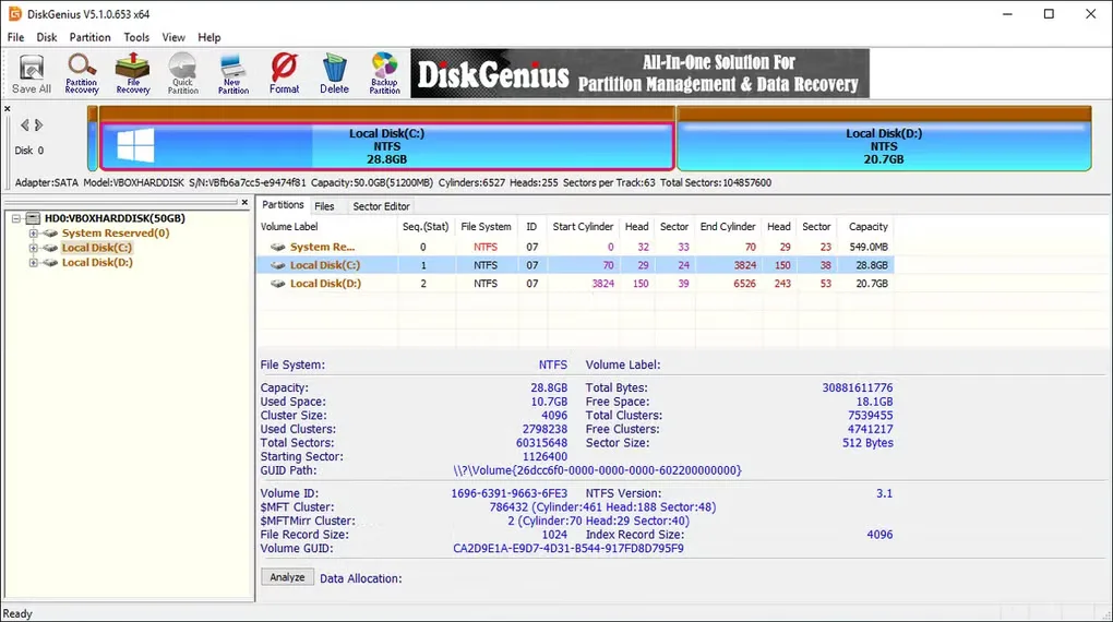 Older DiskGenius 5.1 Windows interface showing a disk tree, partition map and NTFS volume details