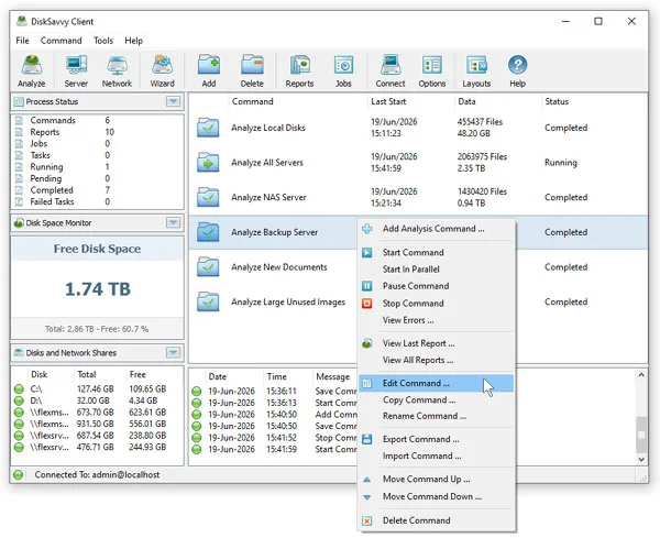 DiskSavvy Server client showing analysis commands, process status, free disk space and an open command context menu.