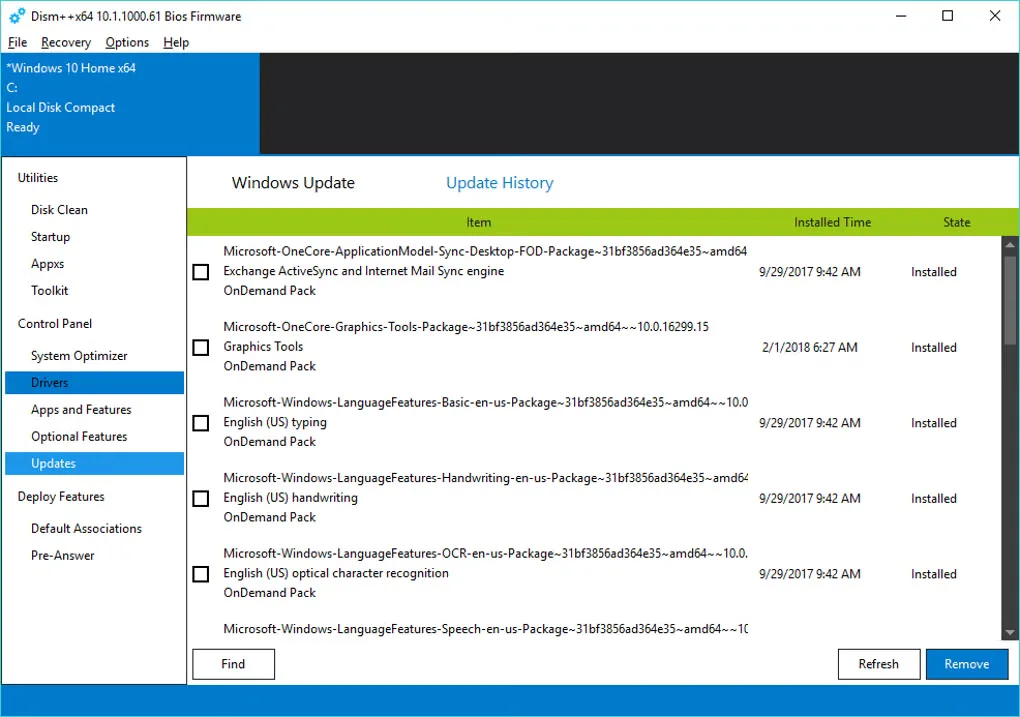 Historical Dism++ Windows interface showing installed update packages and system-servicing navigation