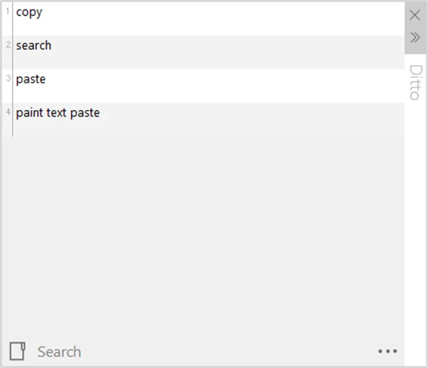 Ditto clipboard history showing four saved text entries and a Search field in the publisher's Store screenshot