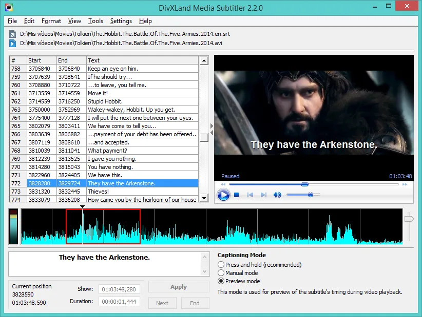 DivXLand Media Subtitler 2.2.0 editor showing timed captions, video preview, audio waveform and captioning controls.