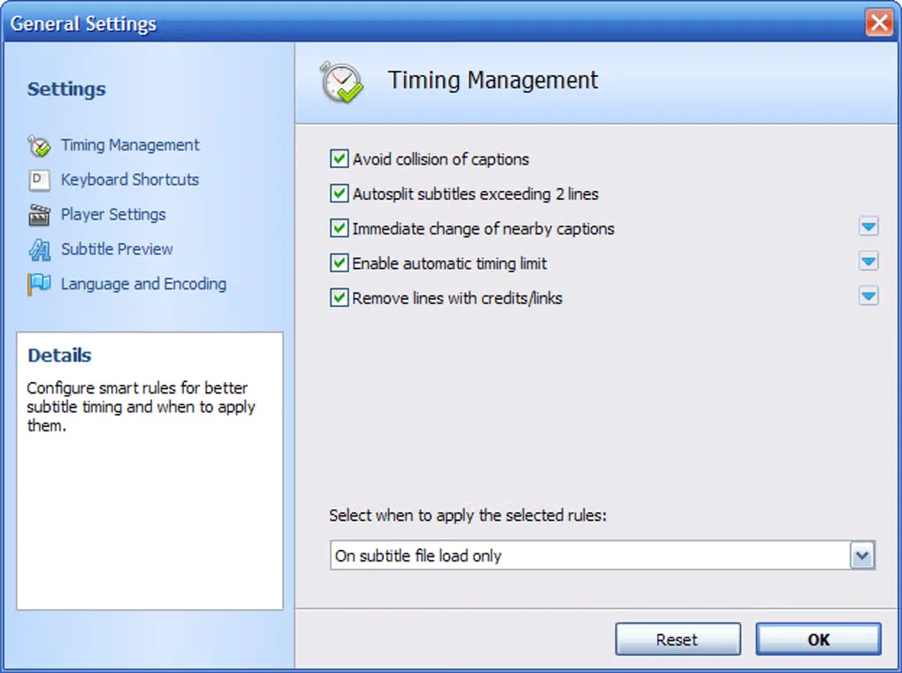 DivXLand Media Subtitler General Settings dialog showing timing-management rules and when to apply them.