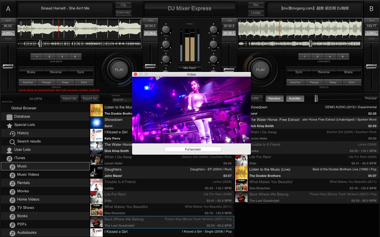 Publisher illustration of DJ Mixer Express with two waveform decks, mixer, playlists and video output; macOS window controls are visible.