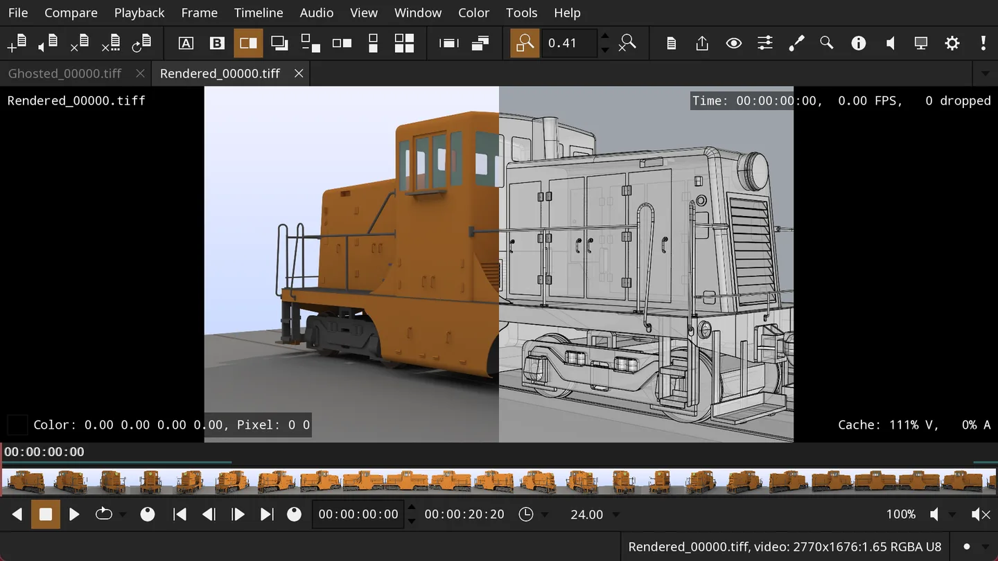 DJV review interface comparing a rendered orange locomotive with a wireframe image using a vertical wipe, above a thumbnail timeline and playback controls.