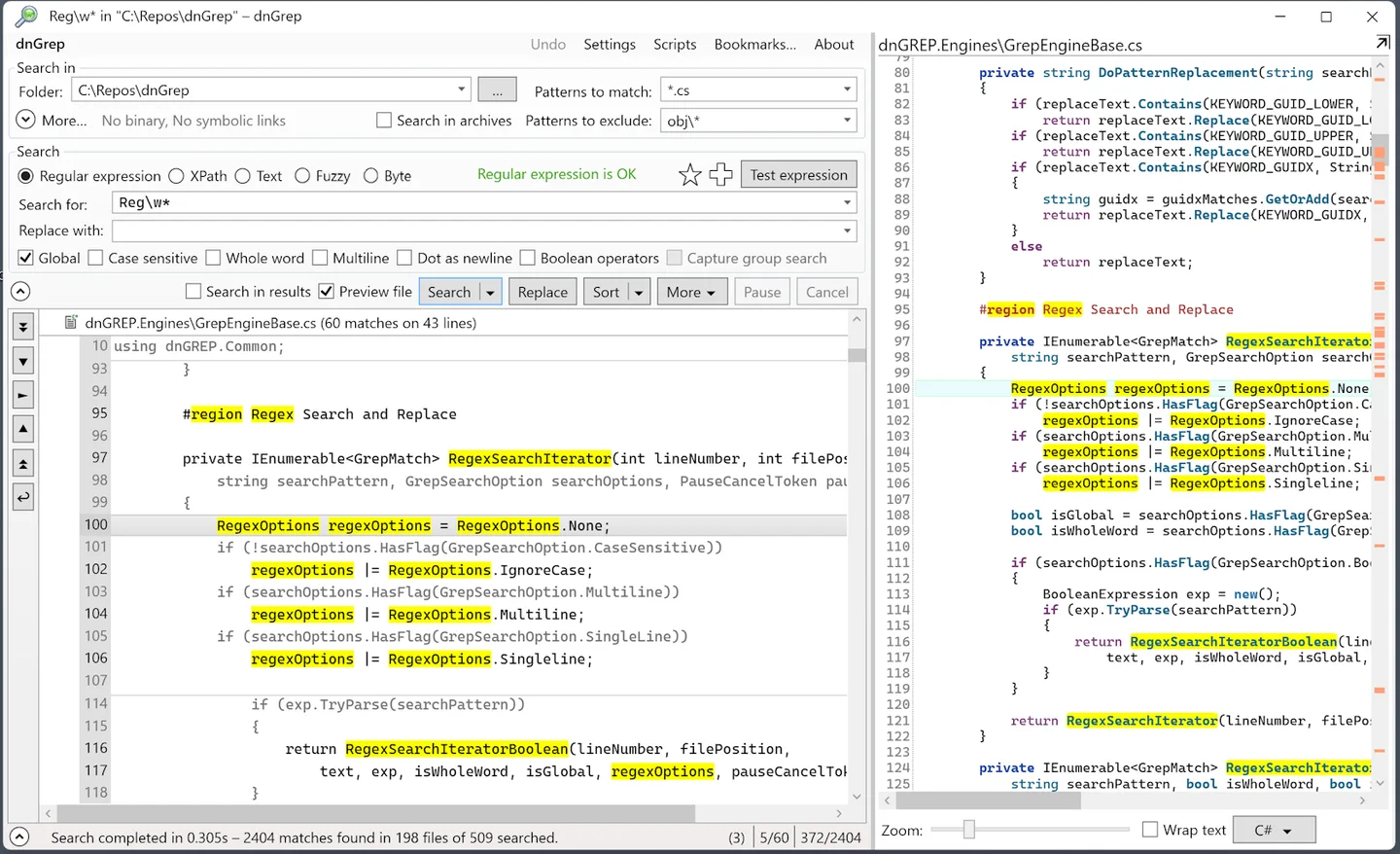 dnGrep on Windows showing a regular-expression query, highlighted source-code matches and a side-by-side file preview