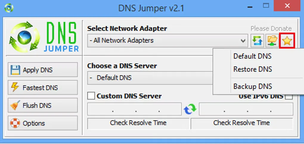 DNS Jumper v2.1 Windows interface with DNS adapter controls and the Default DNS, Restore DNS and Backup DNS menu open