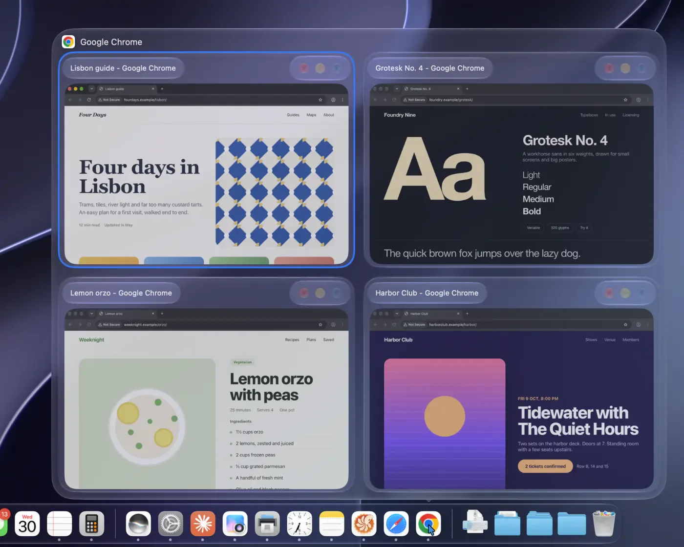 DockDoor displaying four Google Chrome window previews in a two-by-two grid above the macOS Dock